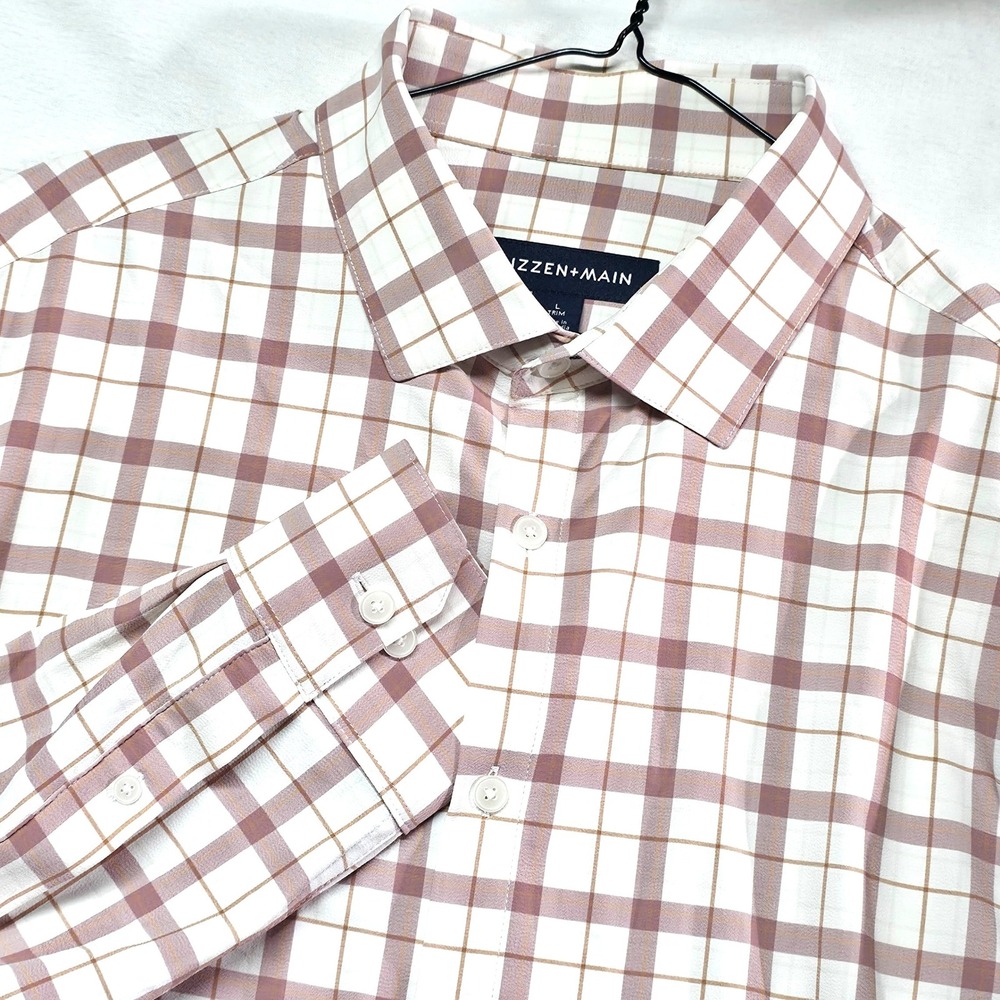 Mizzen+Main Dress Shirt Men's Large Mauve Plaid Trim Fit Stretch Performance